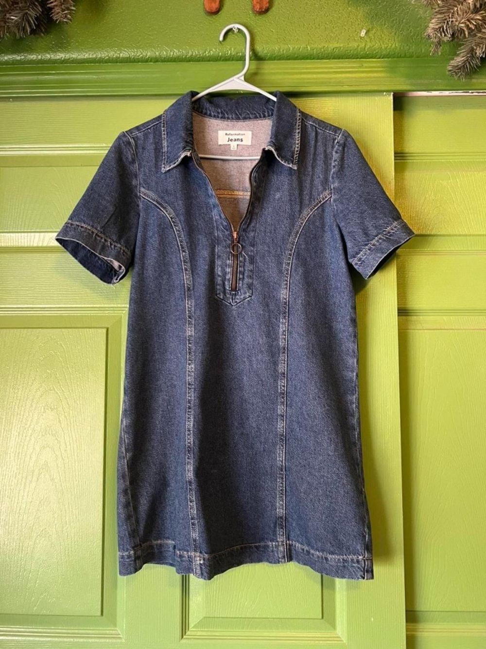 Reformation Loeb Denim Mini Dress in Dark Blue